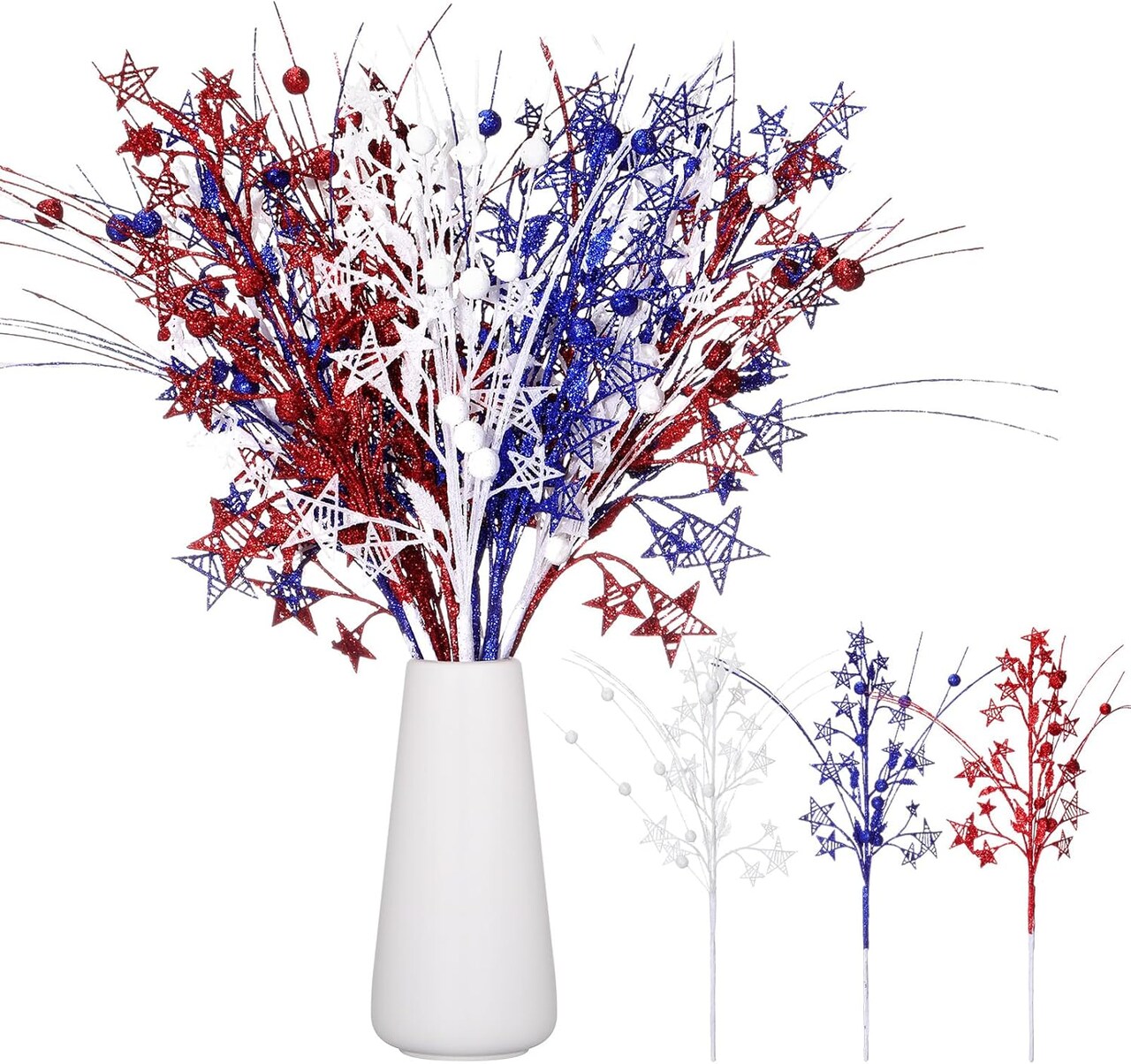 12 Pcs Artificial Patriotic Berry Stem Picks 4th of July White Blue Red